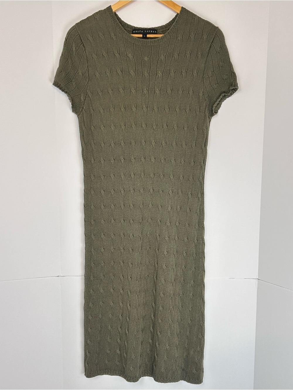 Ralph Lauren Olive Linen Silk Cable Knit Midi Sweater Dress L